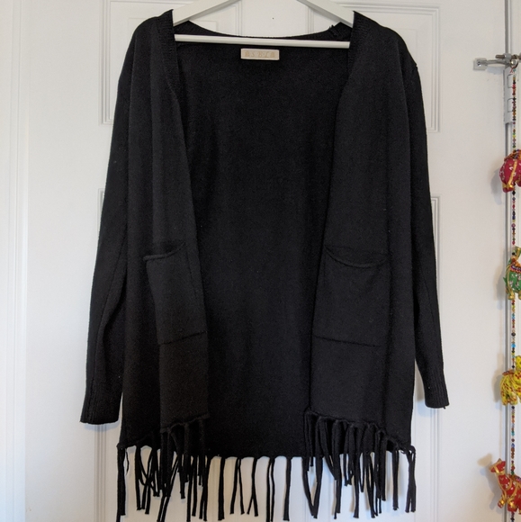 Black Cardigan with Fringe Hem - Picture 1 of 3